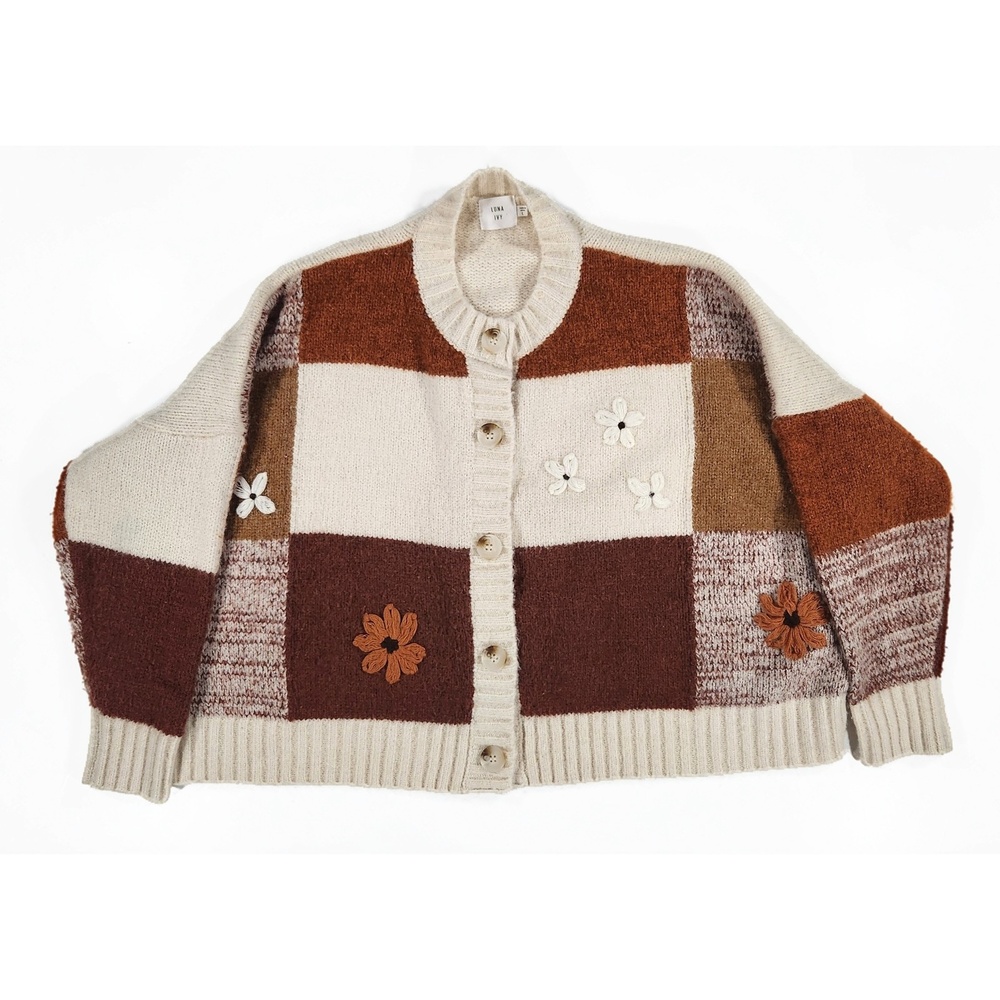 Luna Ivy Patchwork Cardigan L Acrylic Blend Floral Embroidered Grandmacore Boho